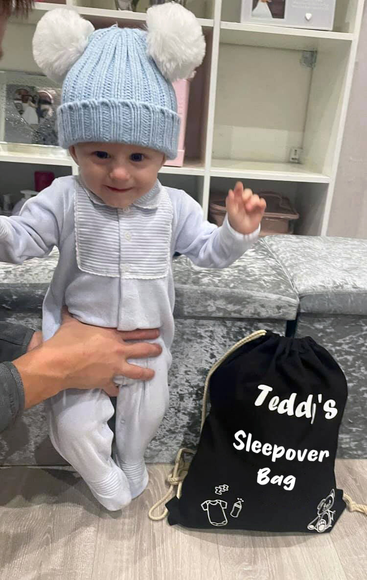 Custom Personalised Baby Sleepover Bag with Cute Teddy Bear Bottle Icon