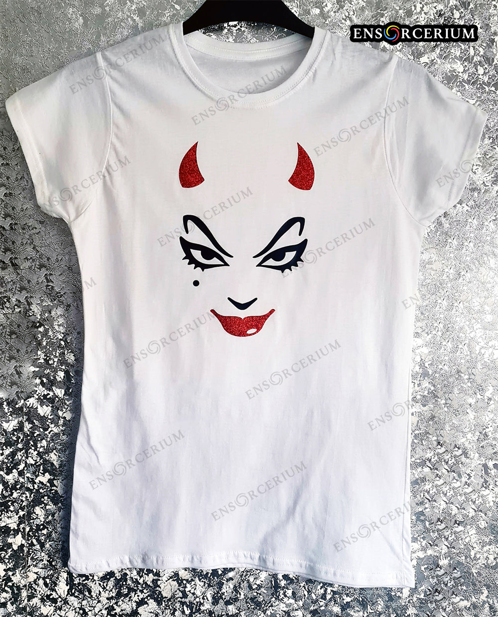 Glitter Horns & Lips Devil Wicked Woman Face T-Shirt