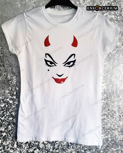 Glitter Horns & Lips Devil Wicked Woman Face T-Shirt