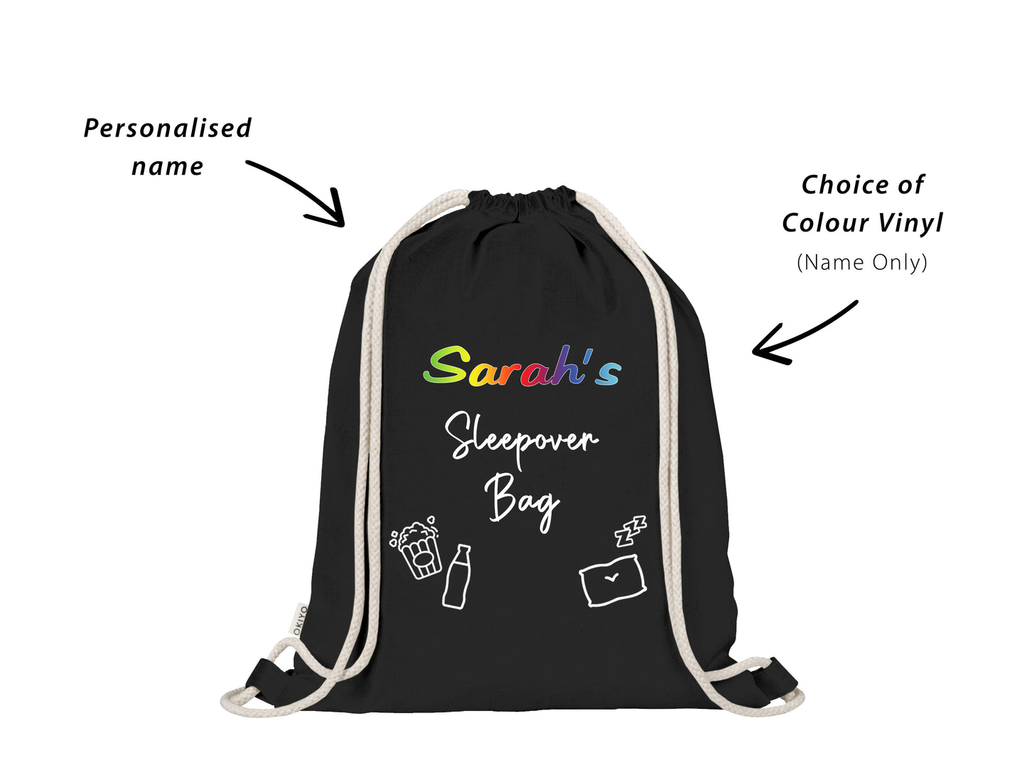 Custom Personalised Girls Sleepover Bag with Popcorn Soda Pillow Icon