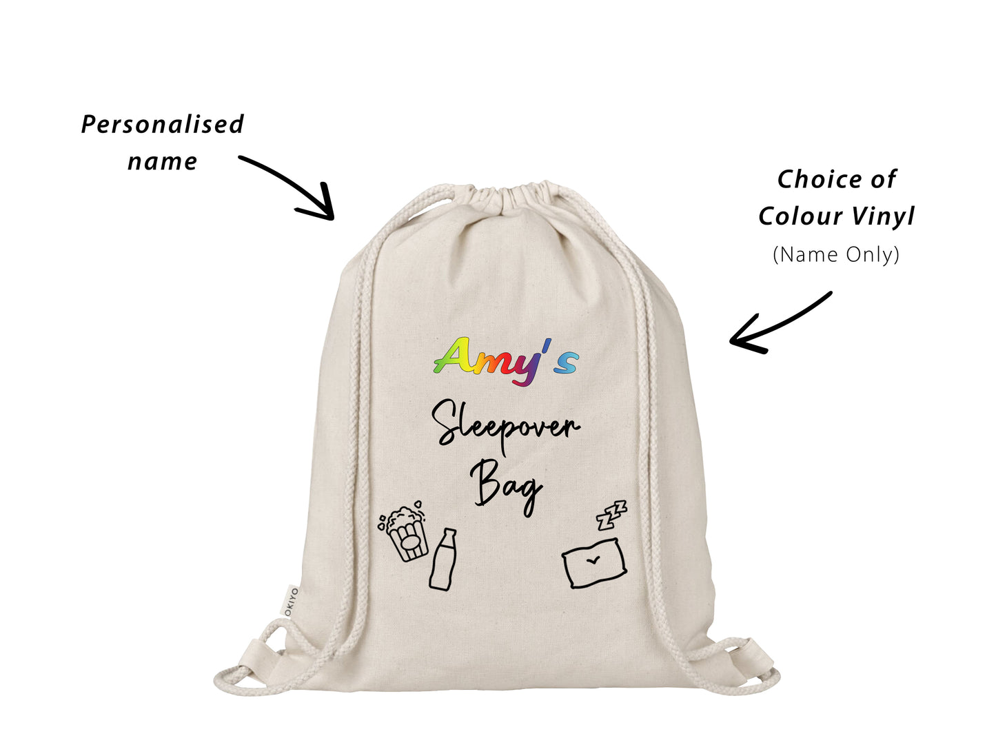 Custom Personalised Girls Sleepover Bag with Popcorn Soda Pillow Icon