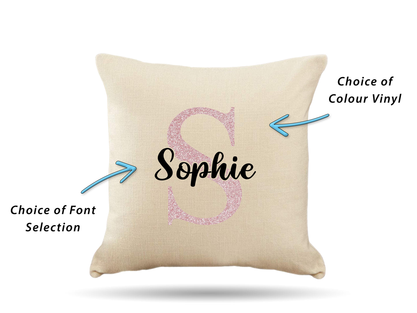 Personalised Custom Glitter Initial & Name Cream Pillow Cover - 18"x18"
